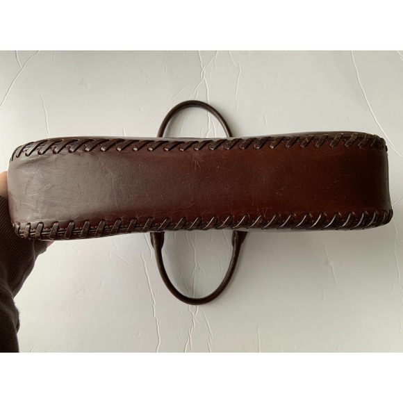 Vtg DKNY Handbag Purse Brown Tooled Deer Leather Stitches Zip Top Double Handles - Picture 8 of 8